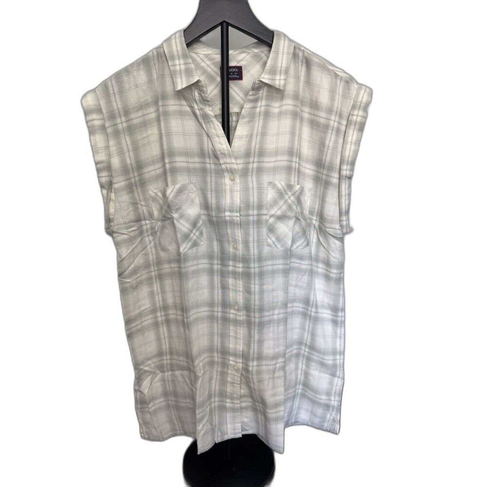 Untuckit Size 12 Women Shirt Button Front Short Sleeve Villa Franche Green White